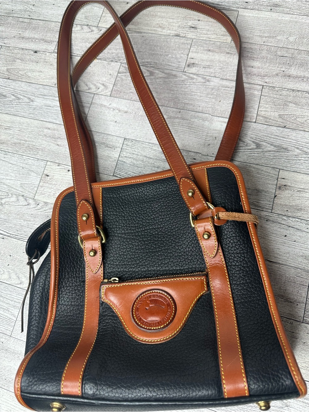 Black Pebbled Leather Shoulder Bag with Tan Trim